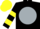 Black, silver ball, yellow 'zrs', two yellow hoops on sleeves, yellow cap