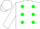 White, green polka dots, white sleeves, green and white cap