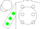 White, green and white dots in green and white ball, green dots on sleeves, white cap