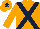 Orange, dark blue cross belts and star on cap