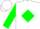 White body, green diamond, green arms, white cap, green striped