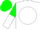 White, green 'cr' on white ball, green and white halved sleeves, green cap