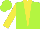 Lime green, yellow triangular panel on front, yellow 'sd' on back, yellow sleeves