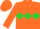 Orange, lime green 'd' and diamond hoop, lime green bar on sleeves