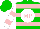 Green, pink 'mp' on white ball, white and pink hoops, white and pink bars on sleeves, green cap