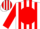 White, white 'hrr' on red ball on back, red stripes on sleeves