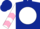 Dark blue, white ball, pink 'h', white sleeves, pink chevrons