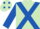 Light green, royal blue cross sashes & sleeves, light green cap, royal blue spots