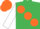 Emerald green, large orange spots, white sleeves, orange cap