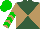 Hunter green and camel diagonal quarters, camel sleeves, green chevrons, green cap