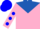 Pink, royal blue yoke and 'wt', blue dots on sleeves, blue cap