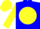Blue, yellow ball, black horsehead, yellow ball on sleeves, yellow cap