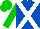 Royal blue, white cross sashes, green sleeves and cap