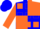 Blue and orange quarters,  white 'bf', blue and orange squares on sleeves