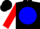 Black, white 'l' in red and blue ball, red sleeves, black cap