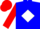 Blue, white diamond, red sleeves, red cap