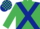Emerald green, dark blue cross sashes, check cap