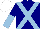 Navy, light blue cross sashes, navy and light blue halved sleeves, white cap