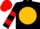 Black, black and red 'a' in gold ball, red hoops on sleeves, black and red cap