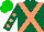 Dark green, peach cross sashes, peach dots on sleeves, green cap