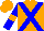 Orange, blue cross sashes & 'v', orange band on blue slvs