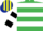 Emerald GREEN and WHITE HOOPS, white and black hooped sleeves, yellow and dark blue striped cap