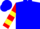 Blue, red 'a' on yellow pentagon, yellow bars on sleeves
