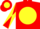 Red, yellow ball, black 'm', red and yellow diagonal quartered sleeves