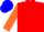 Red, royal blue, orange thirds and sleeves, orange and blue cap