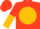 Scarlet, gold ball, lazy 'f', scarlet and gold halved sleeves, scarlet cap, lazy 'f'