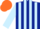 Dark blue & light blue stripes, light blue sleeves, orange cap