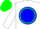 White, blue ball, green circle, white sleeves, green cuffs, green cap, white button