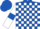 Royal blue and white check, white sleeves, royal blue armlets, royal blue cap