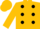 Gold, black polka dots, gold sleeves, gold cap