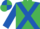 Emerald green, royal blue cross sashes, royal blue sleeves, quartered cap
