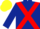 Dark blue, red cross sashes, yellow cap