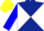 Dark blue and white diagonal quarters, blue sleeves, two white hoops, yellow cap, blue button