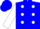 Blue, white '?' white dots, white sleeves