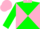 Hunter green and pink diagonal quarters, pink collar, pink band on green sleeves, pink cap