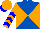 Royal blue and orange diagonal quarters, orange sleeves, blue chevrons, orange cap, blue visor