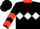 Black, white diamond hoop, scarlet collar, scarlet chevrons on sleeves, black cap, scarlet visor