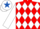 Red and white diamonds, white sleeves, white cap, royal blue star