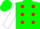 Green, white crown, red dots, white sleeves, green cap