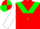 Red, white and green triangular panel, red and green 'mj', white sleeves, with green chevron on red hoop, quartered cap