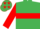 Emerald green, red hoop, red sleeves, emerald green cap, red stars
