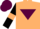Beige, maroon inverted triangle, black sleeves, beige armlets, maroon cap