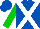 Royal blue, white cross sashes, green sleeves