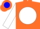 Orange, blue hat on white ball, blue band on white sleeves