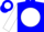 Blue, blue m on white ball, blue t's & k's on white sleeves