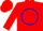 Red, blue trim, circle emblem on back